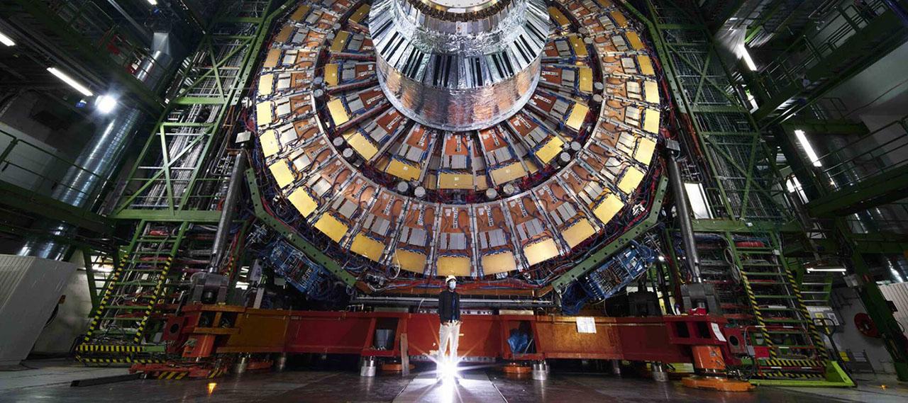 Low angle view of CERN Compact Muon Solenoid detector, used to measure the electroweak mixing angle, a component of the Standard Model of Particle Physics.